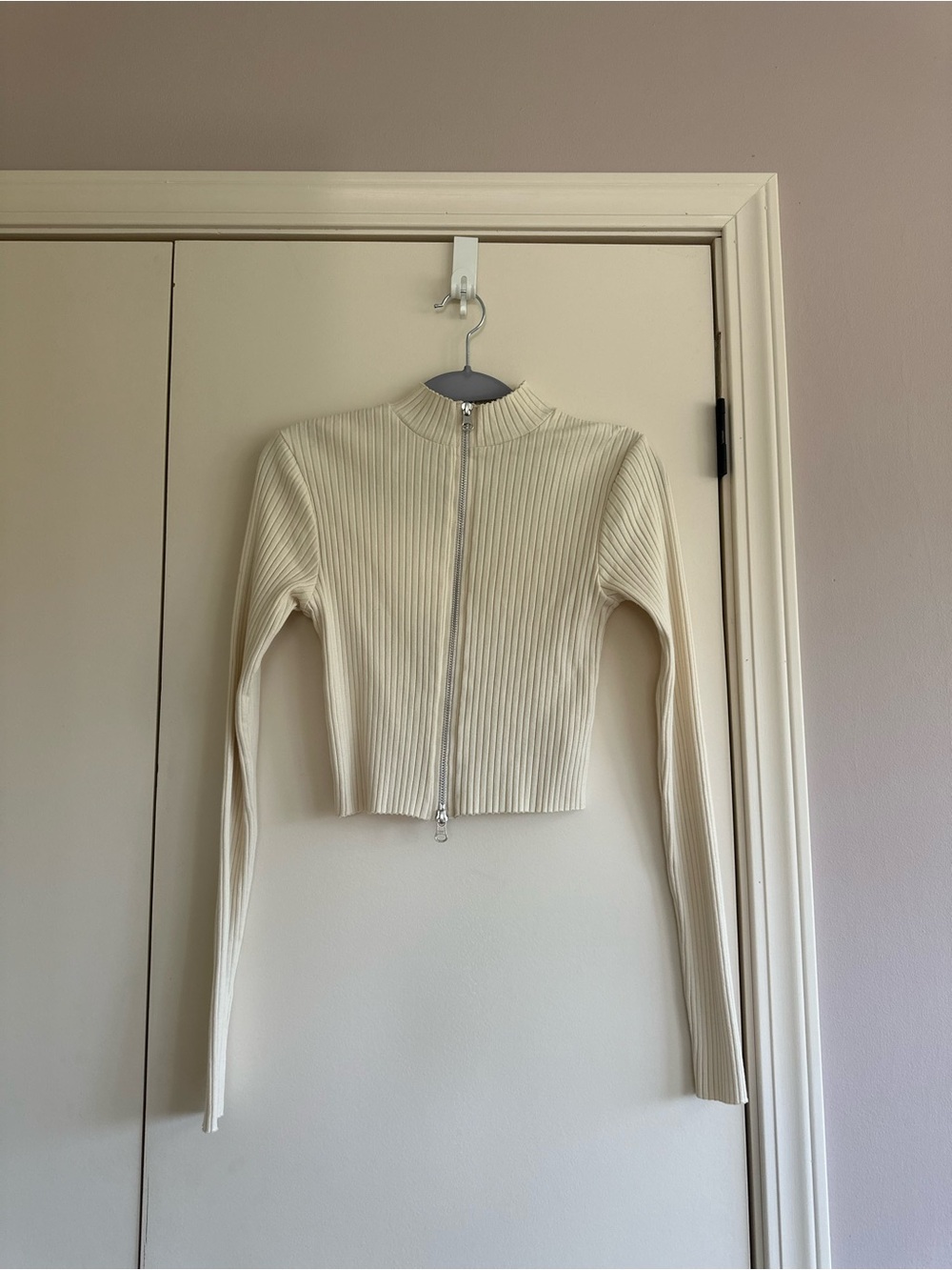 BDG Cream Ribbed Double Zip-Up Crop Top